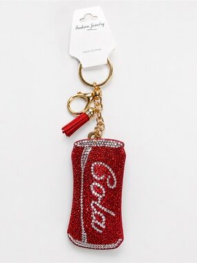 Red Rhinestone Soda Can Keychain Bag Charm Tassel Bling Sparkly Accessory NWT
